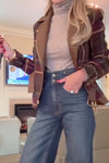 Women Vintage Plaid Lace-Up Leather Panel Jacket