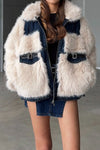 Women Casual Denim Panel Plush Jacket+Denim Skirt