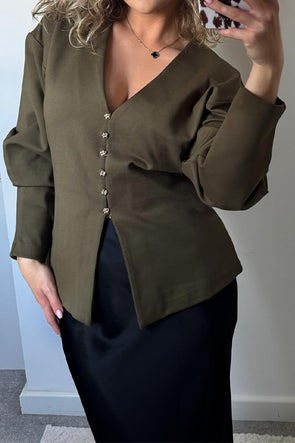 Women Elegant Office Deep V Slit Hem Top