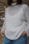 Women Casual Sequin Sheer Turtleneck Sweater