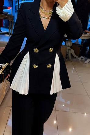 Women Elegant Office Slit Pleated Suit + Pants Suit