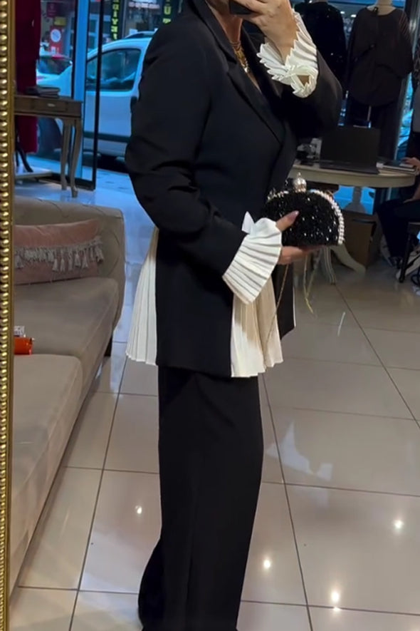 Women Elegant Office Slit Pleated Suit + Pants Suit