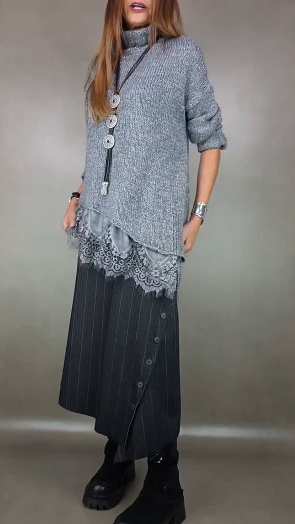 Women's Lace Patchwork Sweater + Striped Skirt Casual Suit