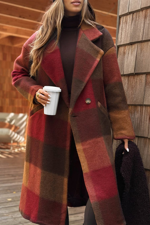 Women Lapel Plaid Temperament Casual Coat