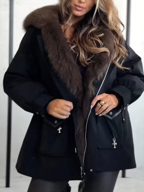 Women Fur Collar Hooded Casual Cotton Jacket