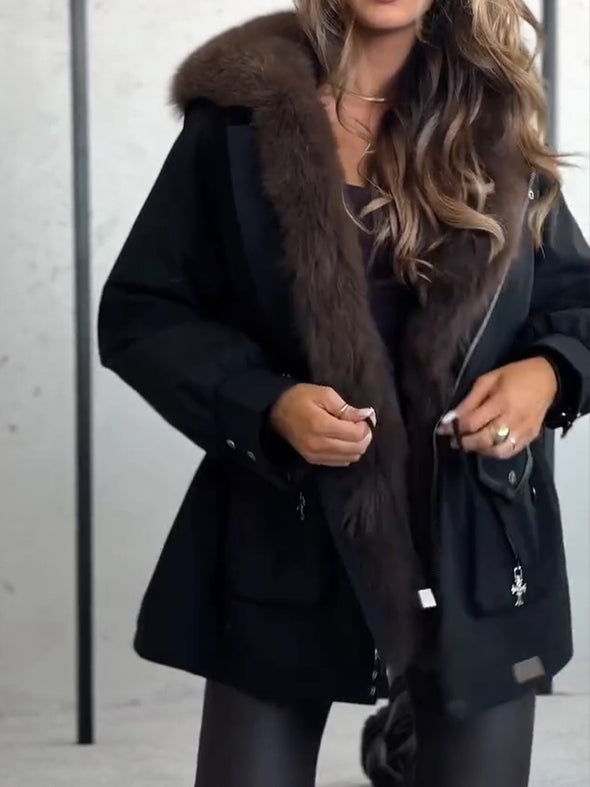 Women Fur Collar Hooded Casual Cotton Jacket