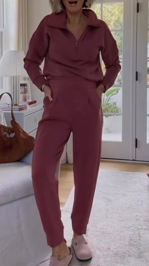 Women Lapel Half-zip Solid Color Casual Suit