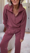 Women Lapel Half-zip Solid Color Casual Suit