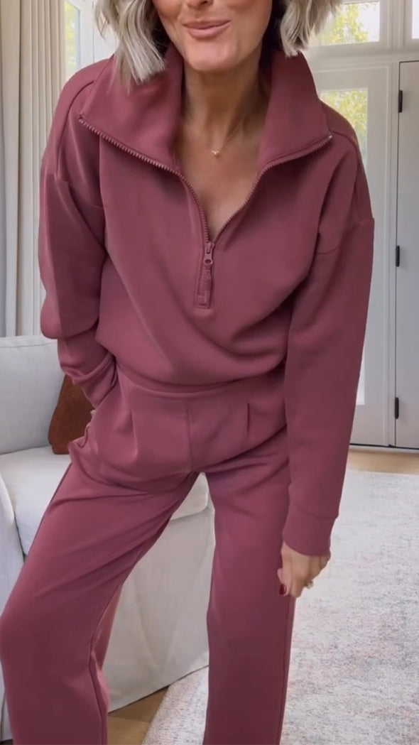 Women Lapel Half-zip Solid Color Casual Suit
