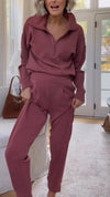 Women Lapel Half-zip Solid Color Casual Suit