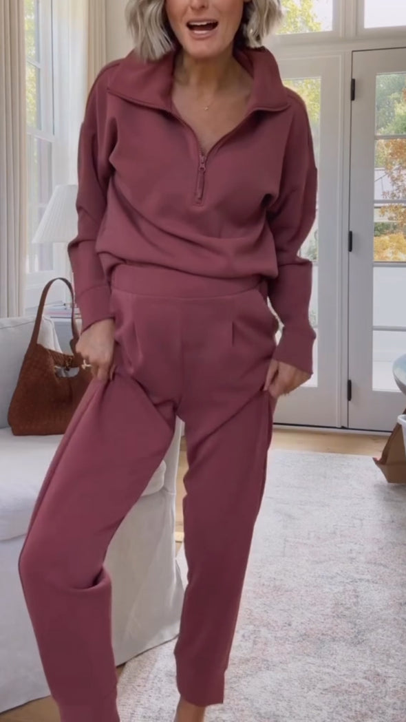 Women Lapel Half-zip Solid Color Casual Suit