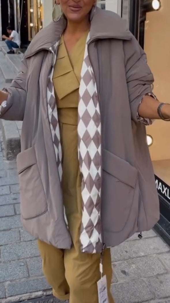 Women Lapel Internal Grid Pattern Style Casual Cotton Coat