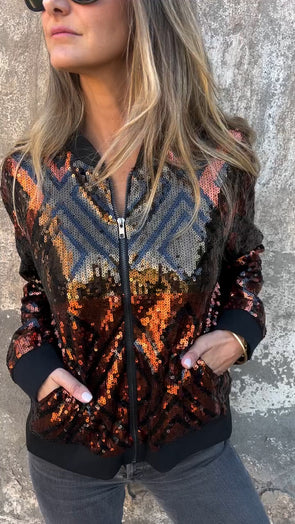Women Round Neck Sequin Zipper Casual Jacket
