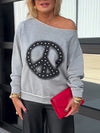 Women Round Neck Rhinestone Print Casual Top