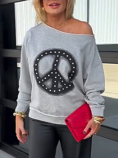 Women Round Neck Rhinestone Print Casual Top