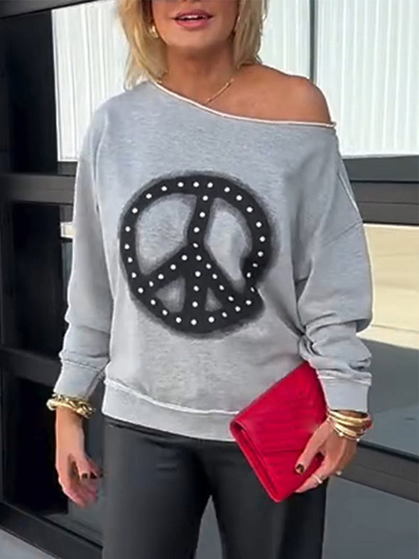 Women Round Neck Rhinestone Print Casual Top