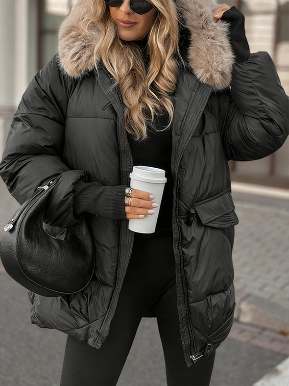 Ladies Fur Collar with Hat Temperament Casual Cotton Jacket