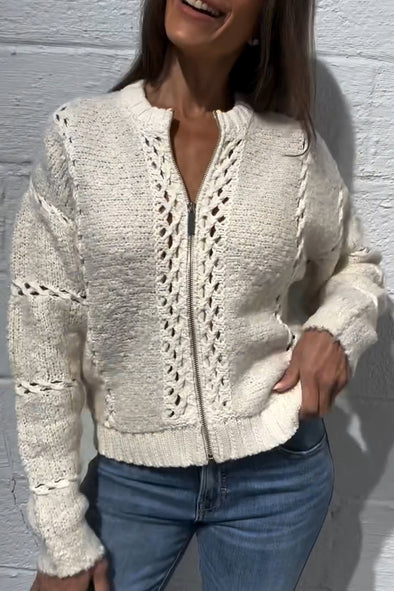 Women Round Neck Knitted Hollow Stitching Casual Cardigan