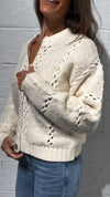 Women Round Neck Knitted Hollow Stitching Casual Cardigan
