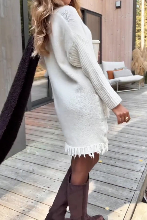 Women Casual Tassel Pocket Paneled Sleeve Sweater Dress