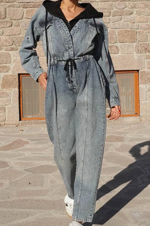 Women Casual Hooded Drawstring Work Denim Jumpsuit