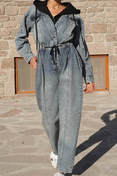 Women Casual Hooded Drawstring Work Denim Jumpsuit