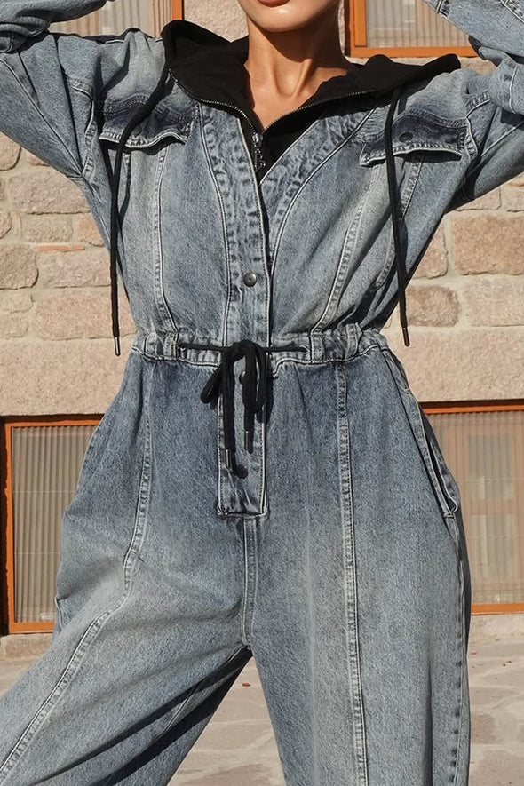 Women Casual Hooded Drawstring Work Denim Jumpsuit