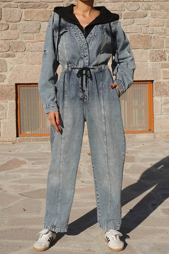 Women Casual Hooded Drawstring Work Denim Jumpsuit
