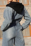 Women Casual Hooded Drawstring Work Denim Jumpsuit