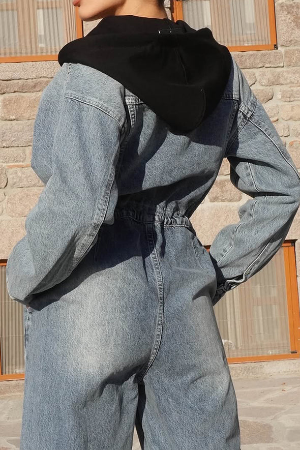 Women Casual Hooded Drawstring Work Denim Jumpsuit
