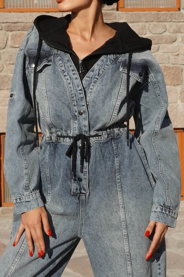 Women Casual Hooded Drawstring Work Denim Jumpsuit