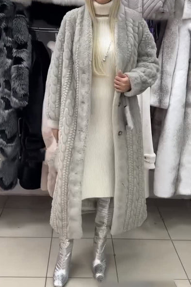 Women Casual Warm Cable-knit Plush Long Coat