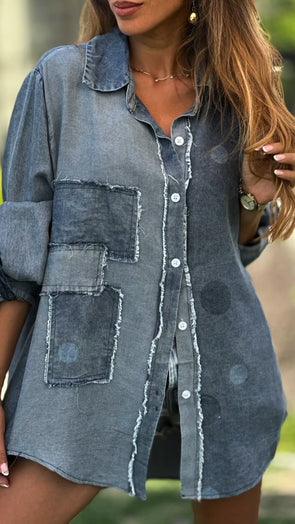 Women Lapel Stitching Washed Denim Casual Shirt