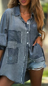Women Lapel Stitching Washed Denim Casual Shirt