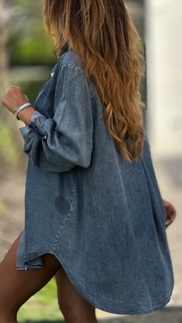 Women Lapel Stitching Washed Denim Casual Shirt