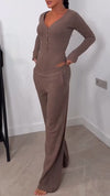 Women V-neck Top + Pants Solid Color Casual Suit