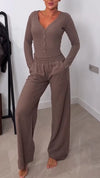 Women V-neck Top + Pants Solid Color Casual Suit