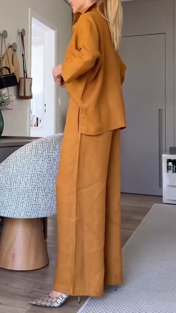 Women Lapel Shirt + Pants Solid Color Casual Suit