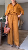 Women Lapel Shirt + Pants Solid Color Casual Suit