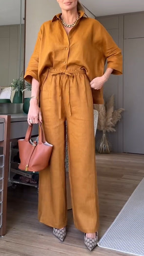 Women Lapel Shirt + Pants Solid Color Casual Suit