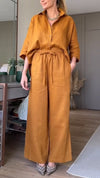 Women Lapel Shirt + Pants Solid Color Casual Suit