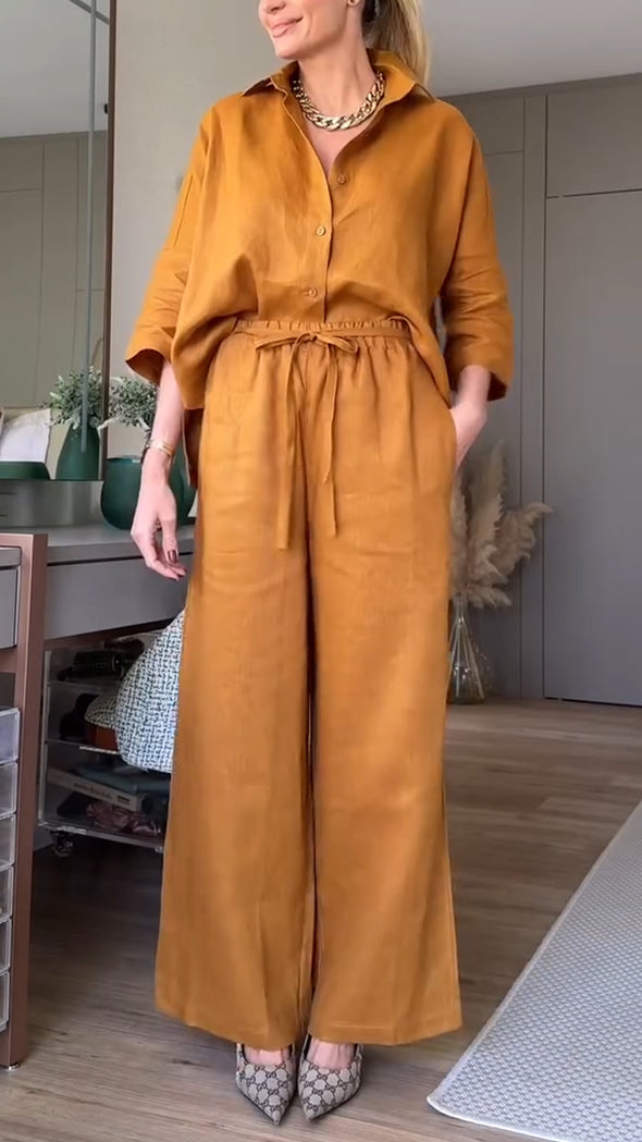 Women Lapel Shirt + Pants Solid Color Casual Suit