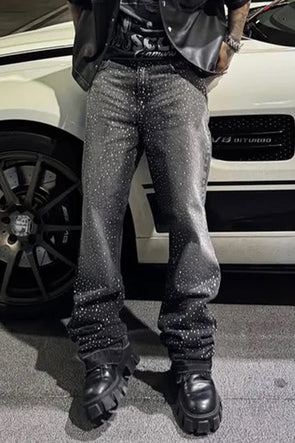 Men Rhinestone Washed Casual Jeans