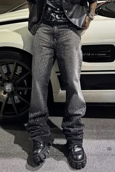 Men Rhinestone Washed Casual Jeans