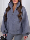 Women Stand Collar Half Zip Solid Color Plush Sweatshirt