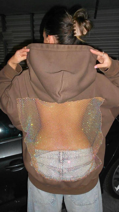 Women Hooded Hollow Mesh Sexy Casual Sweatshirt