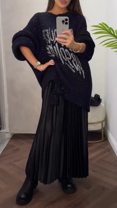 Women Round Neck Hot Diamond Printed Letter Sweater + Pleated Skirt Casual Suit