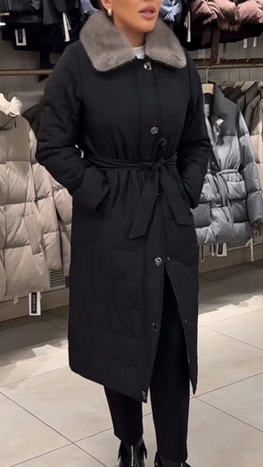 Women Fur Collar Long Casual Cotton Coat