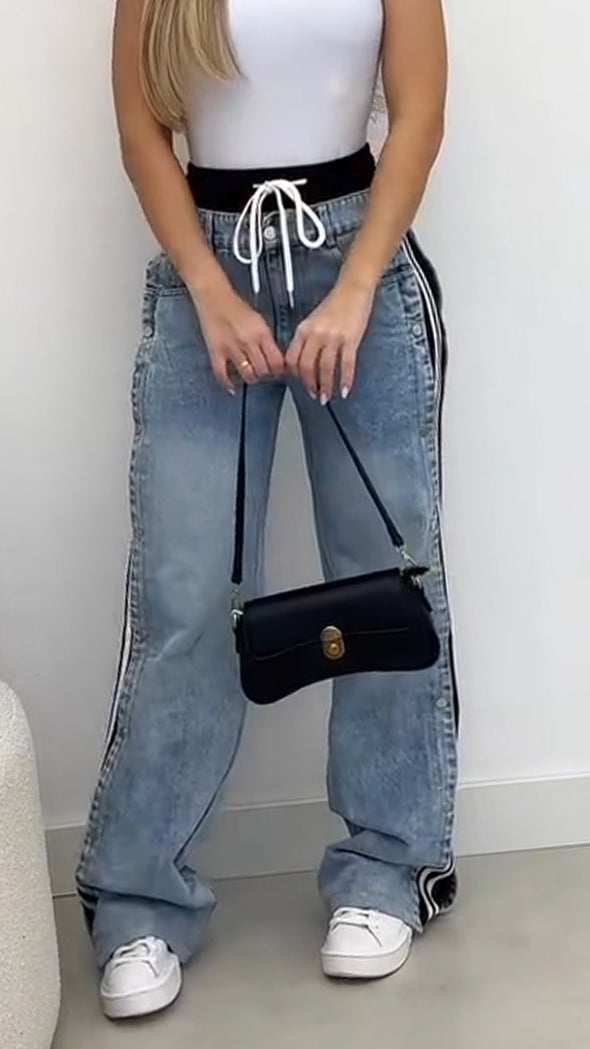 Women Vertical Drawstring Washed Casual Jeans