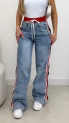 Women Vertical Drawstring Washed Casual Jeans